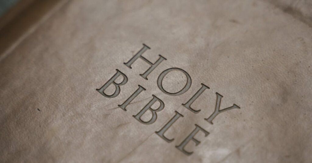 Detailed close-up shot of an antique Holy Bible cover, highlighting texture and design.
